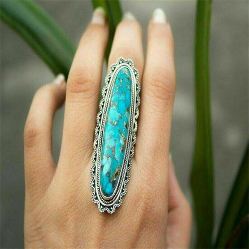 Gemstone Ring Band Jewelry Rings Gift sz6-10 Vintage Retro Large Green Turquoise - Picture 10 of 14