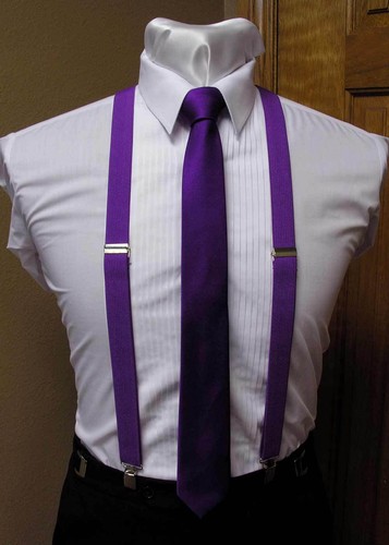 Matching skinny tie and suspenders set men's clip-on x back longer necktie prom - Picture 34 of 40