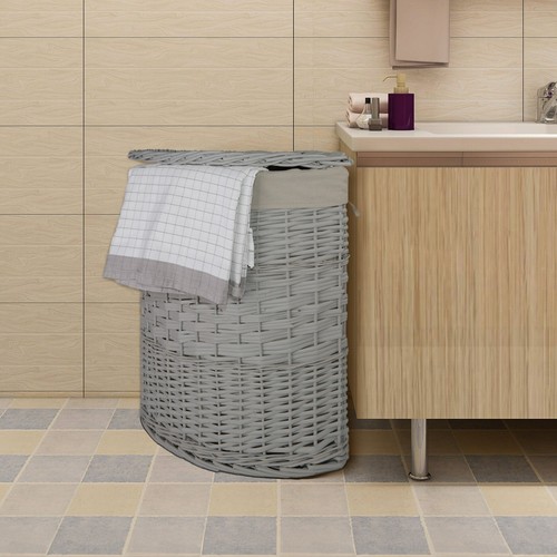 Lidded Grey Wicker Corner Linen Storage Laundry Basket with Cotton Liner - Picture 5 of 9