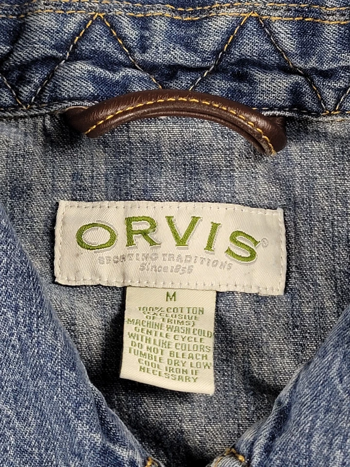 Chaqueta de mezclilla para mujer Orvis cuello y puños de cuero bolsillos con cremallera completa mediana Foto 3 de 4