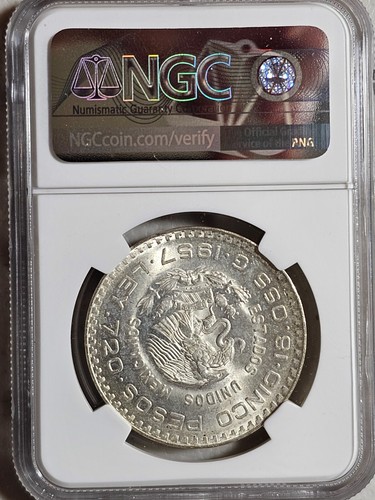 Mexico 5 Pesos 1957 Mo Constitution Centennial NGC MS 63 - Picture 2 of 2