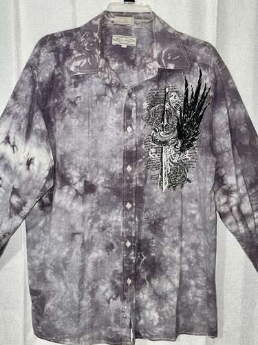 Y2K Herren Large grau Aquarell Batik Knopfleiste Hemd Cyber Goth Schwert Flügel - Bild 6 von 20