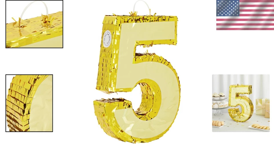 Пината блестящая золотая фольга номер 5 - 15,5 дюйма для веселья на день рождения или годовщину - Изображение 2 из 4