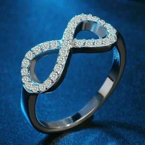 2Ct Round Cut Simulated Diamond Wedding Infinity Band Ring 14k White Gold Plated - Picture 6 of 11