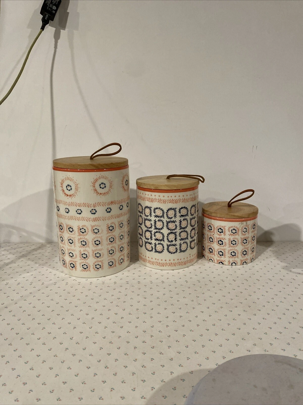3-Storage Canisters “Threshold” Pink Navy & Blue Floral Boho Wood Lid Ceramic