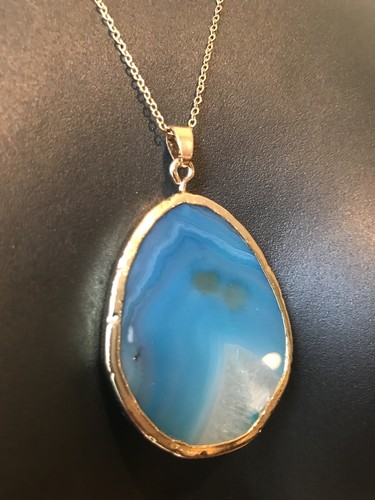 Rare Natural Teal Agate Slice Druzy Quartz Drusy Stone Pendant Gold Necklace NEW - Picture 2 of 8