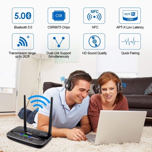 Receptor transmisor de audio de largo alcance 5,0 B-T de 262 pies NFC aptX HD adaptador inalámbrico - Imagen 7 de 11