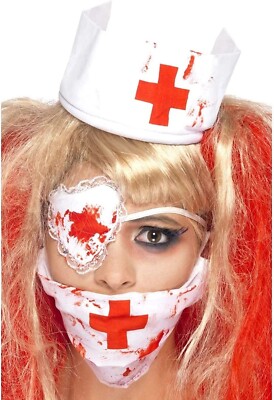 Erwachsene blutige Krankenschwester Set Maske, Hut & Augenklappe Kostüm Zubehör