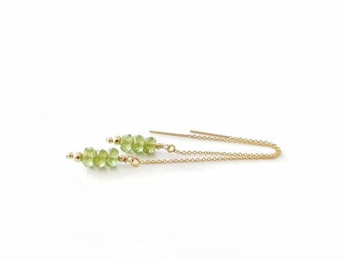 Green Peridot Faceted Rondell Handmade Gold Plated chain Threader Drop Earrings - Picture 7 of 16