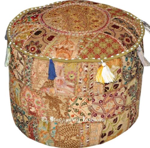 Indian Vintage Embroidered Patchwork Round Seating Pouf Cover Footstool Ottoman - Bild 60 von 64