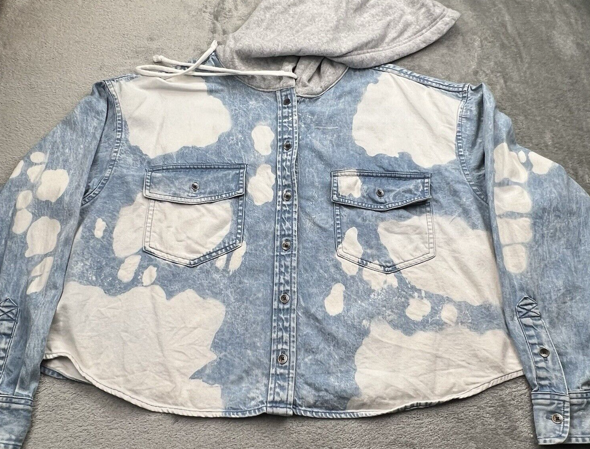 American Eagle Denim Jacket Large Shacket Hooded Bleached Acid Wash Cropped