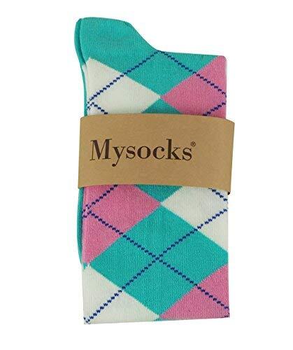 Unisex Knee High Long Socks Argyle Mint Base Pink and White - Picture 7 of 10
