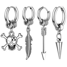 4pcs Men's Punk Skull Spike Feather Stainless Steel Dangle Hinged Hoop Earrings