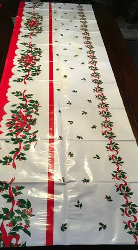 Plastic Tablecloth 52 X 90 Tree Skirt too Holly Red Rectangle Christmas Holiday - Picture 5 of 7