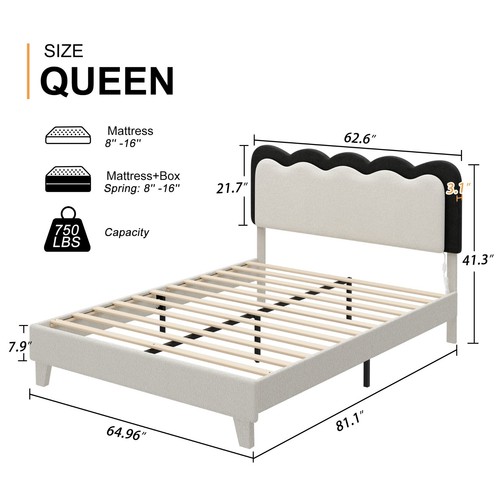 Upholstered Flowers Scalloped Bed Velvet Platform Bed with Headboard LED - Picture 11 of 11