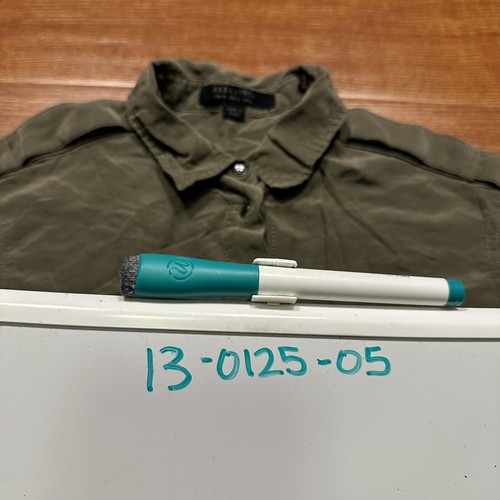 AllSaints Button Up Blouse 4 Olive Silk Blend Shirt Pearl Snap Military City Alt - Picture 12 of 12