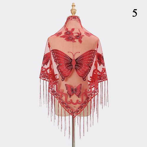 Women Lace Floral Print Triangle Veil Church Mantilla Scarf Shawl Tassel Wrap US - Picture 57 of 72