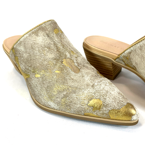 Chocolat Blu Clint Mule Shoes Low Heel Gold Pony Hair Pointed Toe Beige Slide 39 - Picture 4 of 24