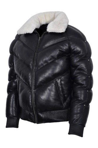 Mens Puffer Leather Bomber Jacket Removable Fur Collar Real Leather Down Jacket - Picture 7 of 16