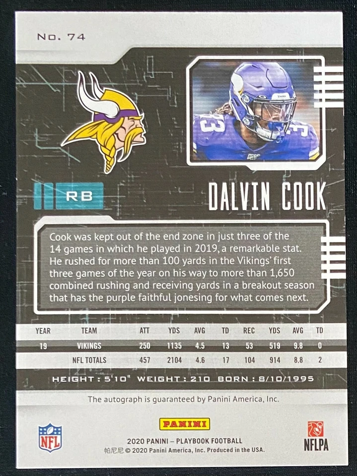 2020 Panini Playoff Dalvin Cook Auto #1/5, Green Autograph #74 Football - Image 2 of 2