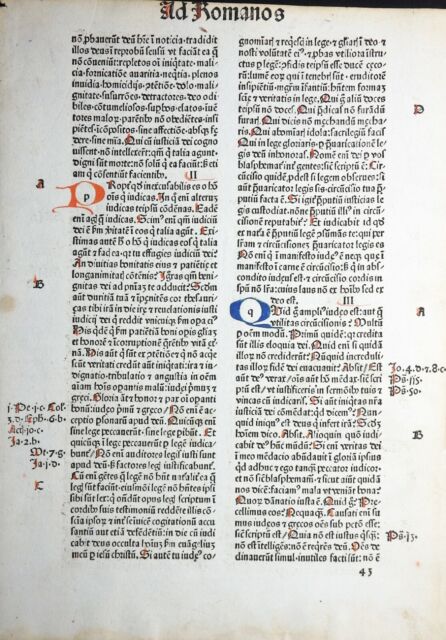 BIBEL BIBLIA LATINA INKUNABELBLATT AD ROMANOS KOMMENTARE ZU RÖMERBRIEFEN UM 1480 BIBEL BIBLIA LATINA INKUNABELBLATT AD ROMANOS KOMMENTARE ZU RÖMERBRIEFEN UM 1480