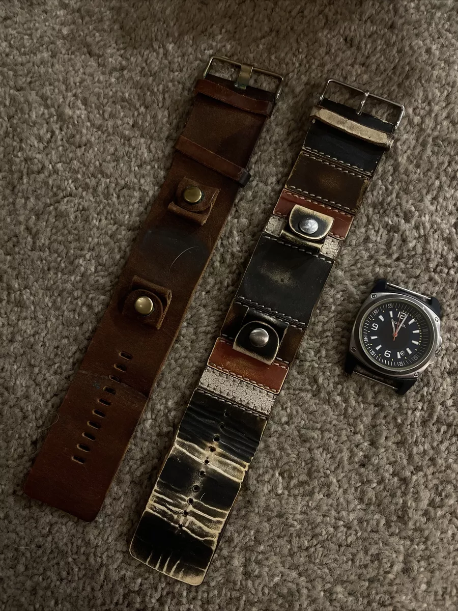 Fossil 2pc Lot Genuine Leather Watch Cuff Wide Band Stainless Brown