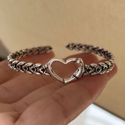 Pulsera de metal 100 % sólida de plata de ley 925 para mujer vintage hecha a mano simple - Imagen 12 de 38