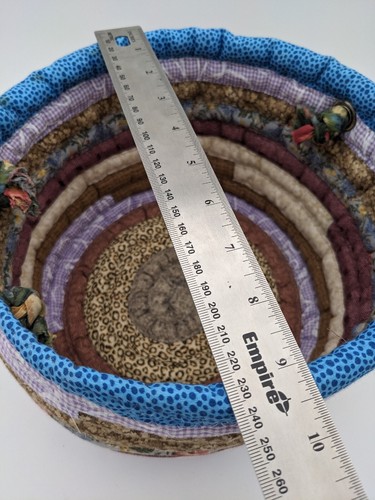 Rag Rug Coil Style Basket with Patchwork Prints Fabric Braided Handles 9.5” Dia - Picture 9 of 9