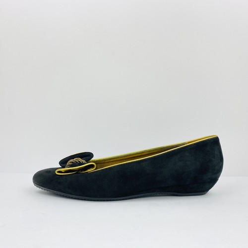VTG BALLY Women Black Gold Suede Leather Bow Flat Shoes Size 8.5 ITALY - Picture 4 of 7