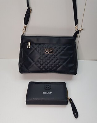 FOREVER YOUNG DAMEN SCHWARZ KUNSTLEDER STEPPOPTIK SCHULTERTASCHE GELDBÖRSE GELDBEUTEL