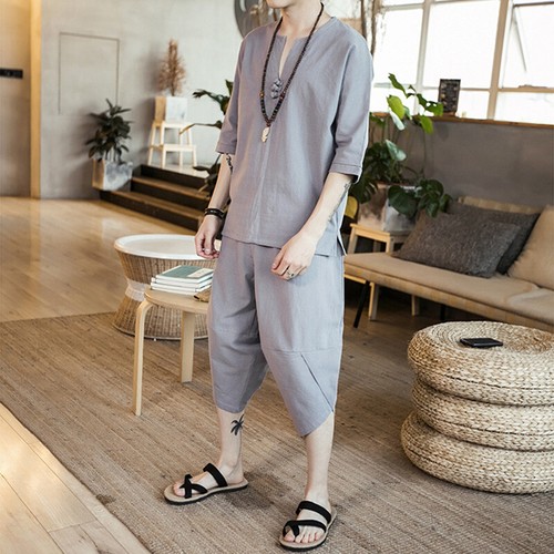 Herren Shirt Hose Set Outfit 3/4 Arm Frosch Knopf Oberteile V-Ausschnitt Einfarbig - Bild 15 von 20