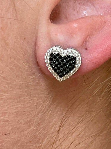 1Ct Lab Created Round Iced Heart Stud Earrings Black Diamond 14k White Gold Over - Picture 2 of 5