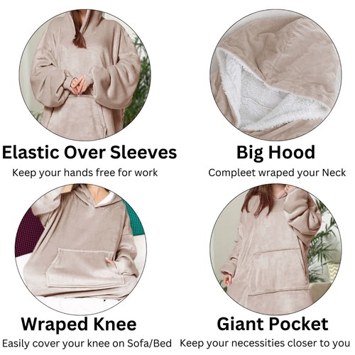 Reversible Unisex Hoodie Blanket Oversized Plush Sherpa Giant Hooded Sweatshirt - Picture 32 of 112