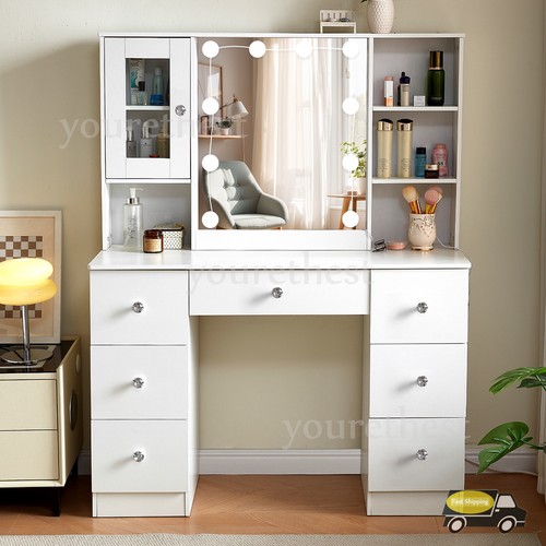 Large Dressing Table With LED Lights Mirror 7 Drawers Cabinet Makeup Vanity Desk - Picture 2 of 10