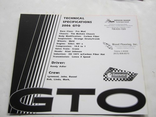 NHRA 2006 Randy Adler GTO Nitro Coupe Pro Mod Drag Racing Handout - 第 2/2 張圖片