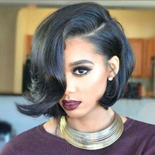 Short Black Wave Wigs With Side Bangs Fashion Bob Wigs for Women Synthetic Wigs