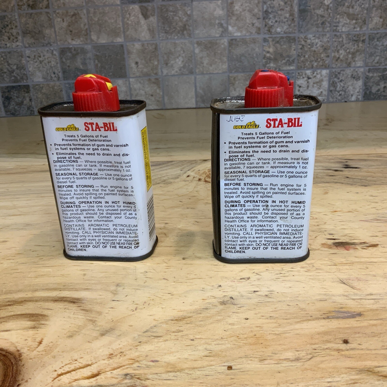 Set Of 2 Vintage Gold Eagle Sta-Bil Oil Can Tin Fuel Stabilizer 4 oz Chicago