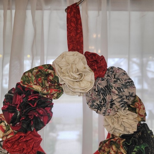 Fabric "Rose" Wreath - Handmade - Mixed Christmas Fabrics - 9 inches Wide - Picture 4 of 7