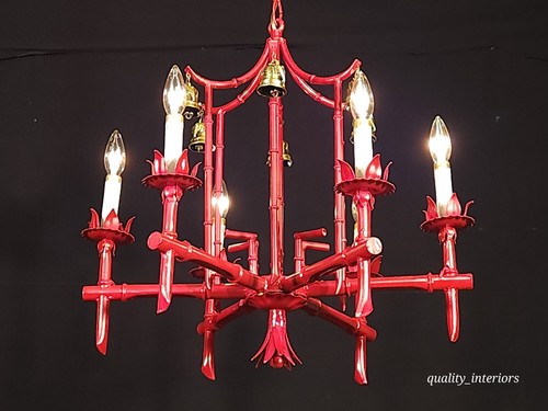 Antique Faux Bamboo Pagoda Hollywood Regency 6 Light Chandelier With Brass Bells - Picture 21 of 24