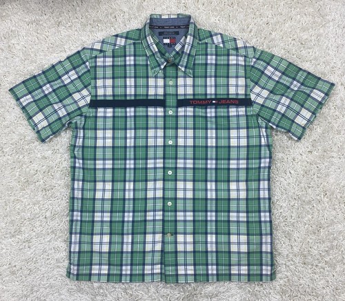 Tommy Jeans Hilfiger Button Up Shirt Men’s XL Green Vintage Y2K Short Sleeves - Picture 2 of 17