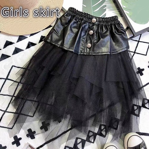 Kinder Mädchen Kunstleder Rock Netz Patchwork Tutu Kleid Gestuft Punk Goth Black - Bild 1 von 6