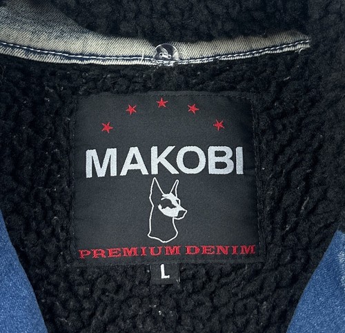 Makobi Mens Large Blue Plaid Full Zip Denim Jean Sherpa Jacket Distressed M1035 - 第 6/11 張圖片