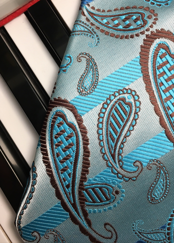 L'UOMO / Aqua, Teal, Turquoise & Brown, Italian Inspired Paisley Stripe Silk Tie - Picture 5 of 10