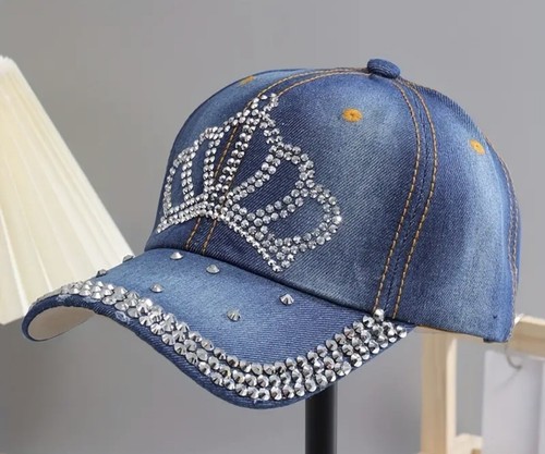 Gorra de Béisbol Patrón Corona Estrás, Lavado Envejecido Hip Hop Denim Hat - Imagen 7 de 9