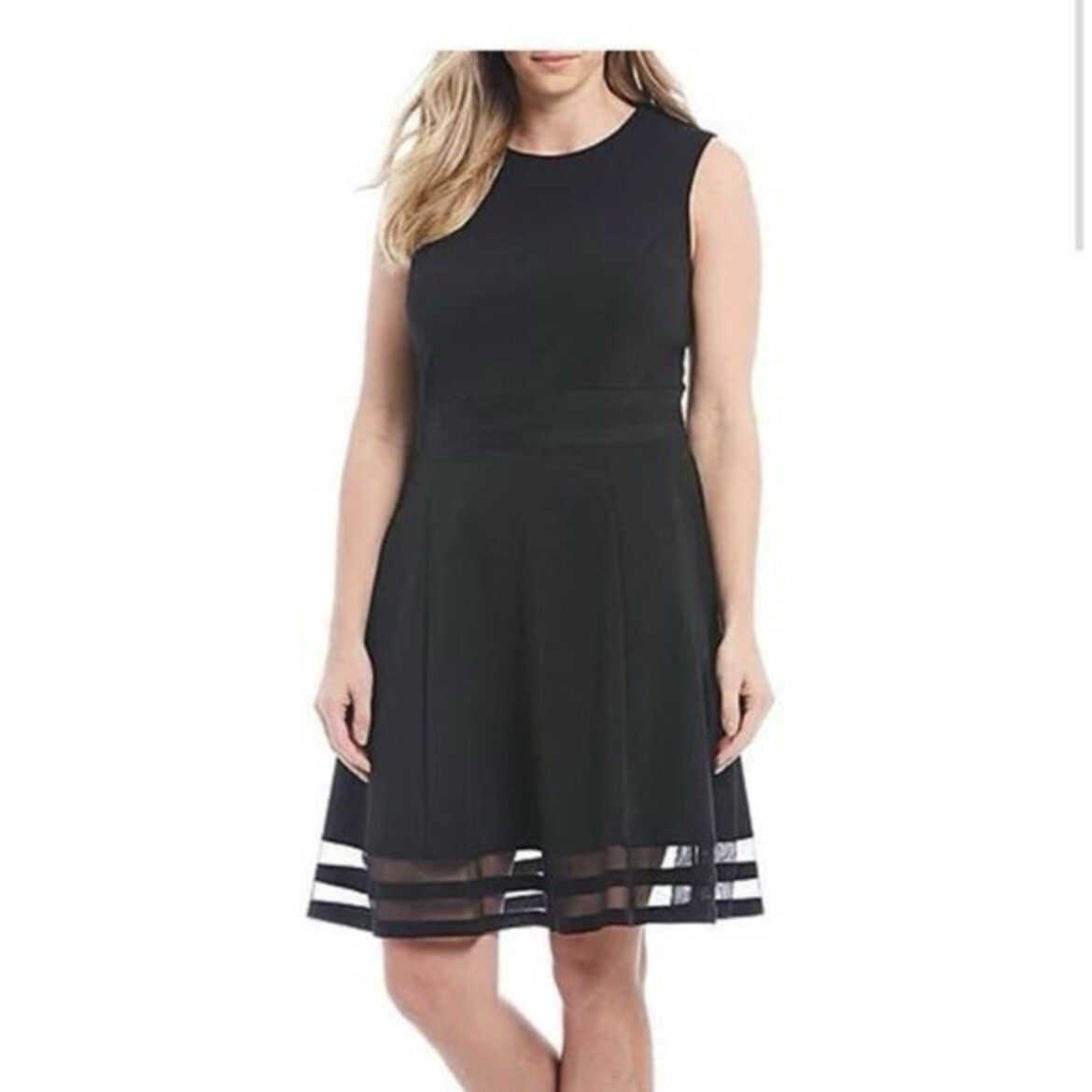 Calvin Klein Black Mesh Illusion Hem Fit Flare Stretch Sleeveless Dress Size 8 Calvin Klein Black Mesh Illusion Hem Fit Flare Stretch Sleeveless Dress Size 8