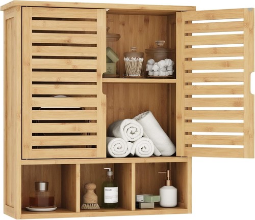 Bamboo Bathroom Wall Cabinet with Adjustable Shelves - Space-Saving Storage - Picture 10 of 11