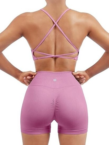 SUUKSESS Women Seamless 2 piece Workout Set Strappy Padded Sports Bra & Shorts L - Picture 3 of 6