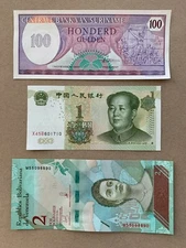 3 Pcs Banknote Lot. Currency Set. Paper Money Suriname China Venezuela