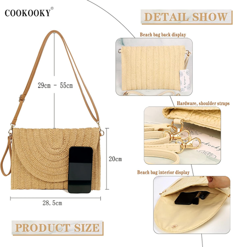 Straw Clutch Handbag Summer Beach Straw Purse for Women Woven Envelope Bag - Picture 2 of 12