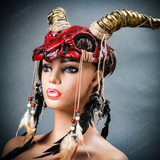 Animal Goat Horn Tribal Devil Masquerade Halloween Cosplay Headdress Bloody Mask